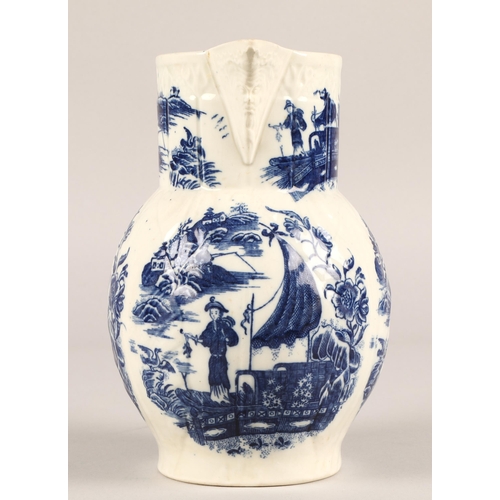 13 - Late 18th century Caughley blue and white porcelain jug, Fisherman Pattern, with mask head spout and...