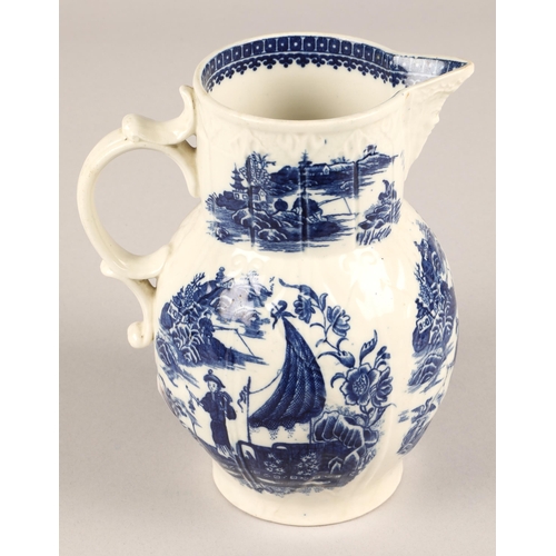 13 - Late 18th century Caughley blue and white porcelain jug, Fisherman Pattern, with mask head spout and...