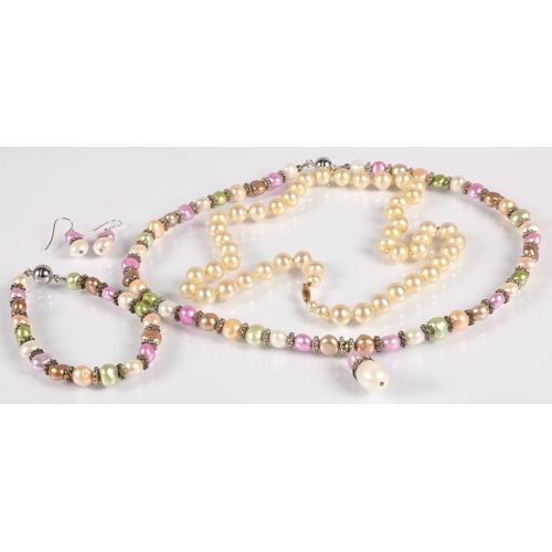 78 - Suite of coloured pearl jewellery comprising necklace, bandle and earrings, also a Ciro faux pearl s... 