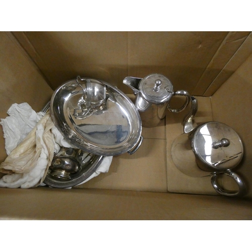 284 - Large box of epns to include tea pots, serving dishes, jugs etc.