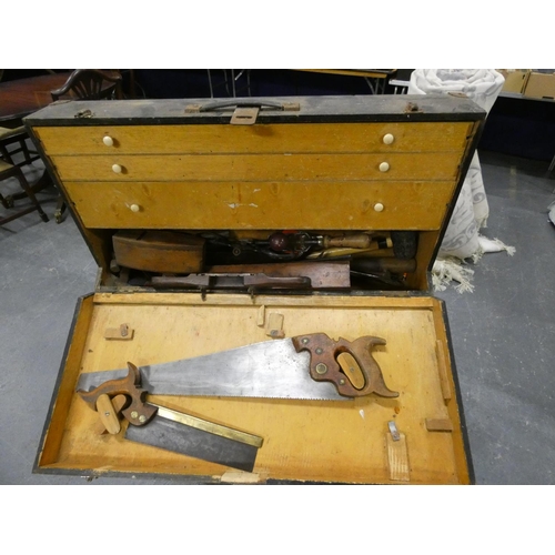 294 - Antique joiners tool box and contents to include planes, saws, brace, pry bar etc.