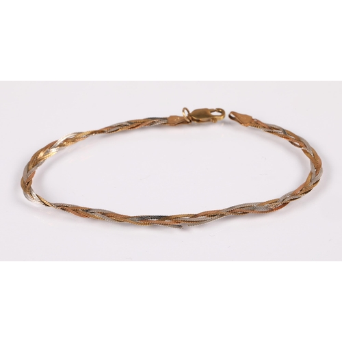 87 - Italian 9ct yellow, white and rose gold woven flat link bracelet, damaged,  2.0g