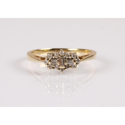 89 - Art Deco style unmarked yellow metal diamond set ring, with approx. 0.25cts of baguette and round cu... 