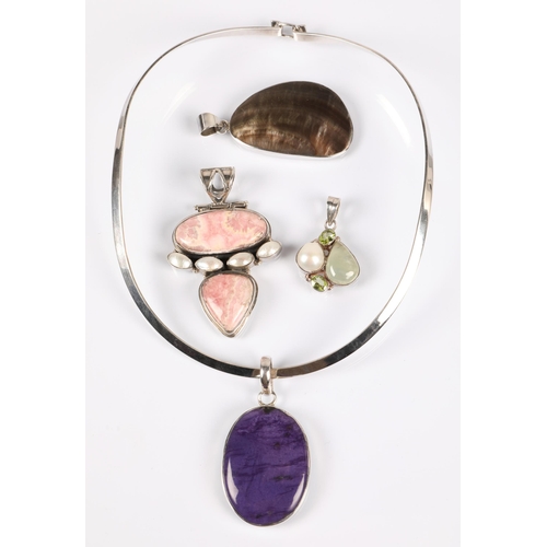 93 - Large silver pendant set with pink agate and mother of pearl, a silver mounted cabochon purple hards... 