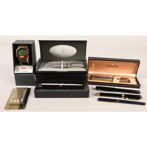 99 - Timex Expedition wristwatch in original box, and a collection of pens to include Sheaffer gold plate... 