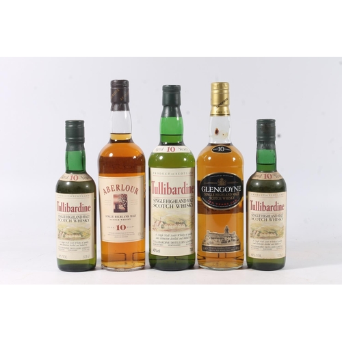 1429 - Five bottles of single malt Scotch whisky, each with old expression labels to include TULLIBARDINE 1... 