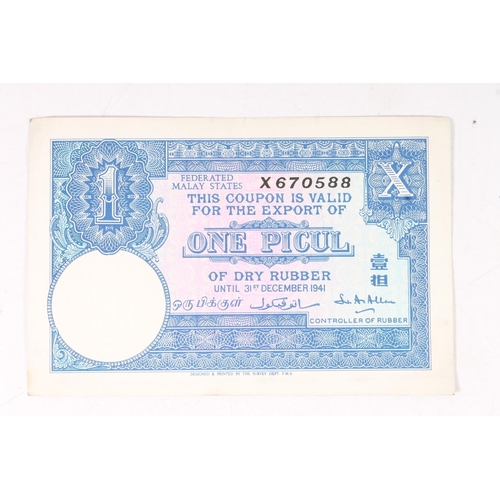 1601 - FEDERATED MALAY STATES one picul dry rubber coupon 31st December 1941, BANK OF ENGLAND Britannia ser... 