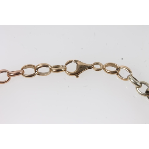 104 - 9ct yellow, white and rose gold cable link bracelet, 15.8g.