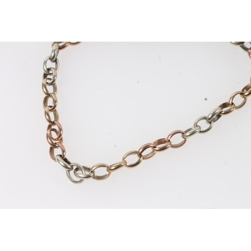 104 - 9ct yellow, white and rose gold cable link bracelet, 15.8g.