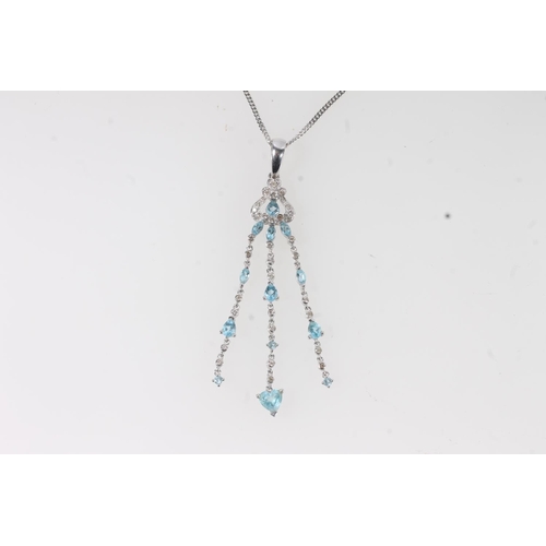 111 - 14ct white gold diamond and aquamarine drop pendant, 4.3g on Italian 18ct white gold flat link chain... 