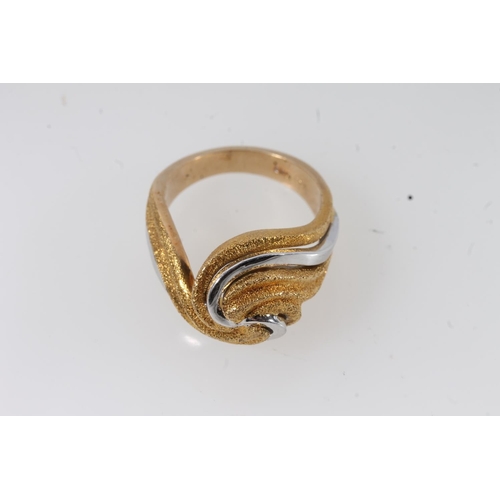 113 - 14ct white and textured yellow gold whorl dress ring, size P/Q, 12.2g.