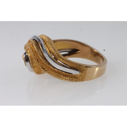 113 - 14ct white and textured yellow gold whorl dress ring, size P/Q, 12.2g.