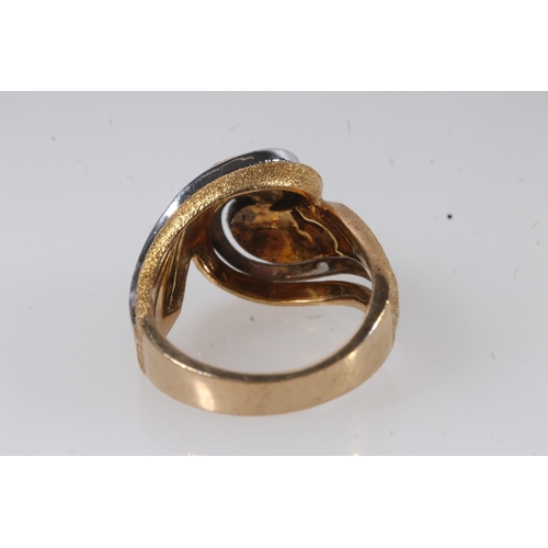 113 - 14ct white and textured yellow gold whorl dress ring, size P/Q, 12.2g.