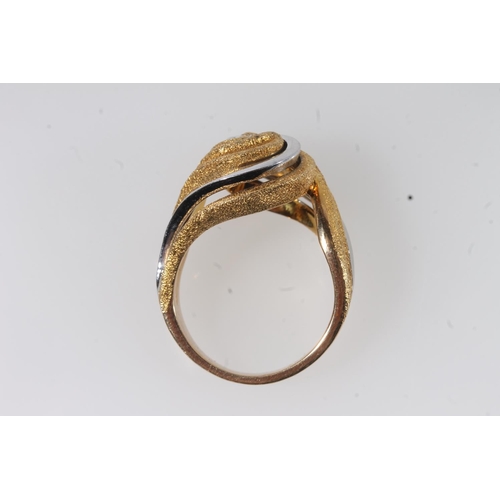 113 - 14ct white and textured yellow gold whorl dress ring, size P/Q, 12.2g.