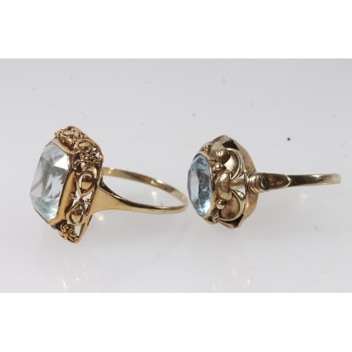 114 - 8ct gold dress ring set with large faceted aquamarine blue coloured stone, the shank stamped '333', ... 