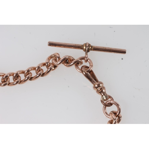 122 - 9ct rose gold curb link watch guard chain with Albert bar, the lobster clasp stamped '9ct', 29g.