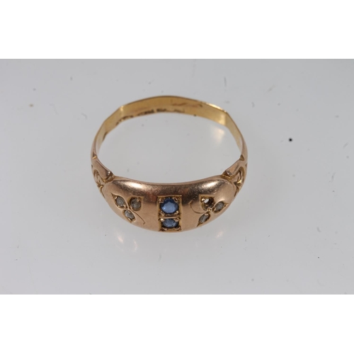 137 - Victorian yellow gold sapphire and diamond ring, the small round cuts prong set, shaped shoulders le... 