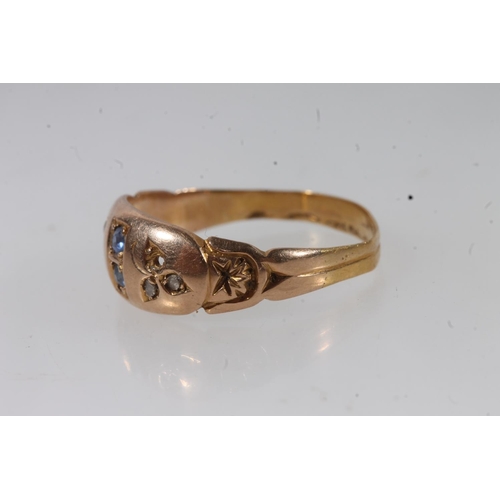 137 - Victorian yellow gold sapphire and diamond ring, the small round cuts prong set, shaped shoulders le... 