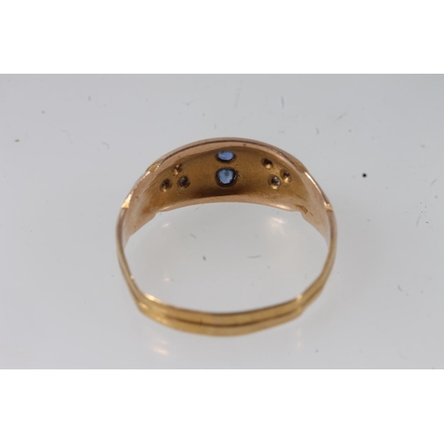 137 - Victorian yellow gold sapphire and diamond ring, the small round cuts prong set, shaped shoulders le... 