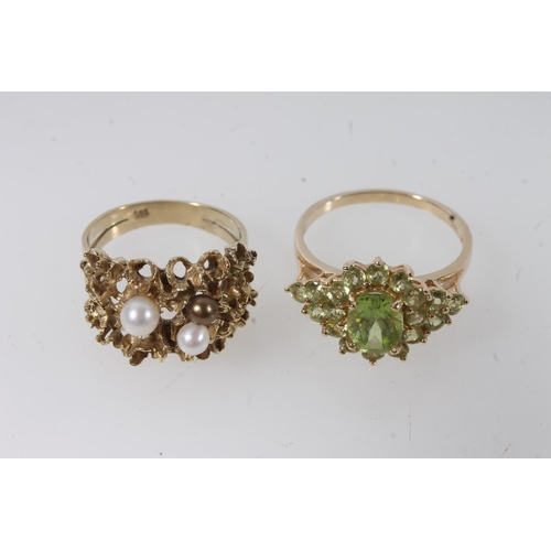 145 - 14ct gold modernist textured ring set with small pearls, size M/N, together with a 14ct gold peridot... 