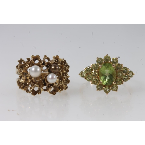 145 - 14ct gold modernist textured ring set with small pearls, size M/N, together with a 14ct gold peridot... 