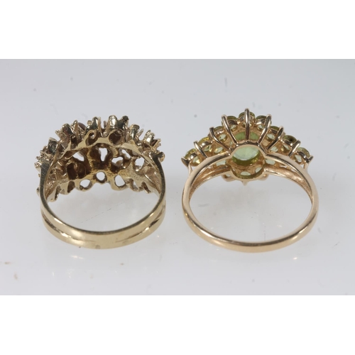 145 - 14ct gold modernist textured ring set with small pearls, size M/N, together with a 14ct gold peridot... 