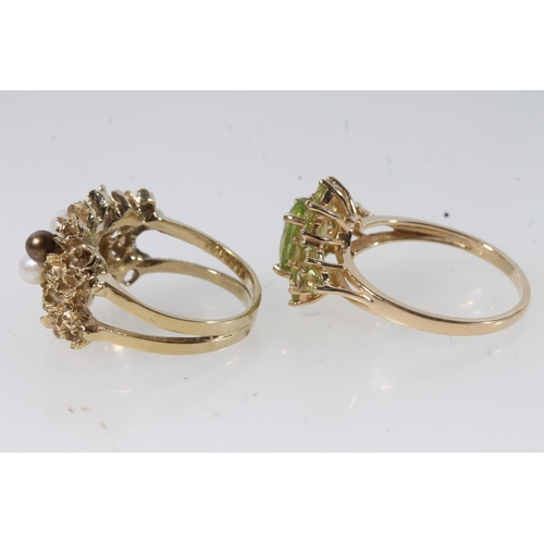 145 - 14ct gold modernist textured ring set with small pearls, size M/N, together with a 14ct gold peridot... 