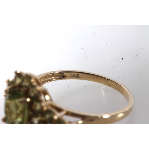 145 - 14ct gold modernist textured ring set with small pearls, size M/N, together with a 14ct gold peridot... 