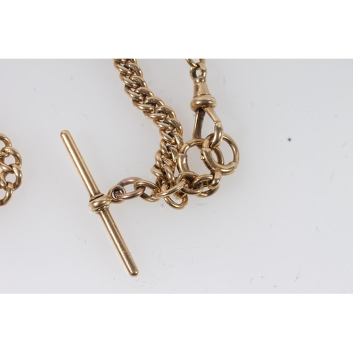 146 - Edwardian 18ct gold Albert watch chain with lobster claw clasp and t-bar, 49.8g, 43cm long.