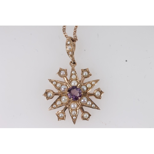 151 - Edwardian 9ct gold seed pearl and amethyst pendant, the central round cut amethyst within a frame of... 