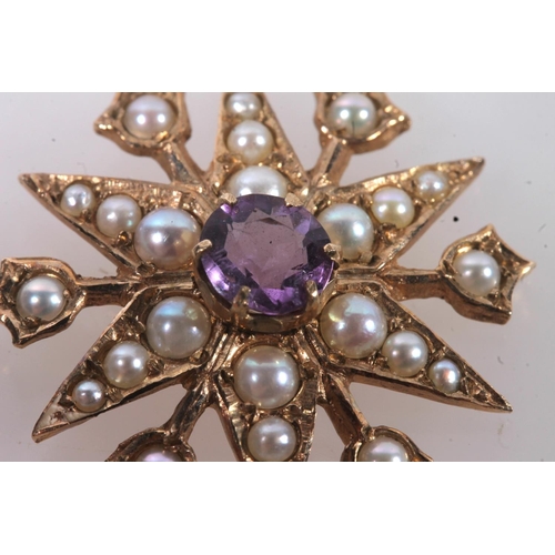 151 - Edwardian 9ct gold seed pearl and amethyst pendant, the central round cut amethyst within a frame of... 