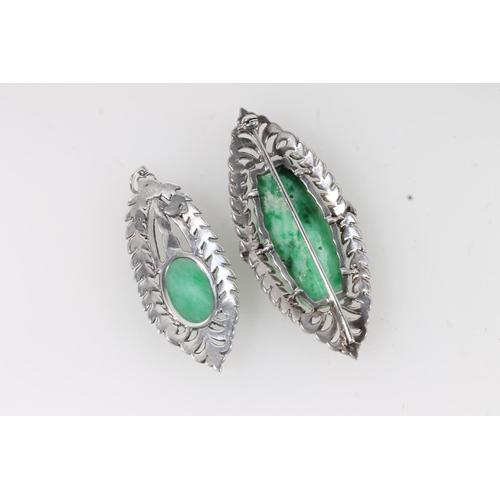 174 - Chinese jade and white metal jewellery, the spinach green jade plaques finely carved and set in whit... 