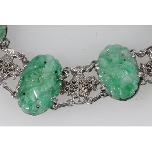 174 - Chinese jade and white metal jewellery, the spinach green jade plaques finely carved and set in whit... 