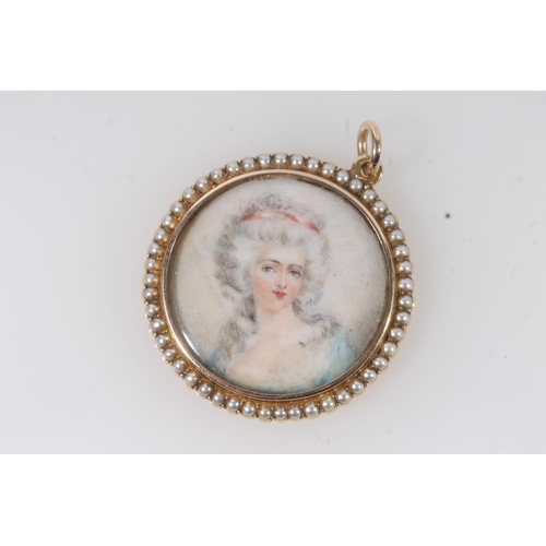 175 - Antique portrait miniature, of an 18th century lady, framed within a seed pearl and yellow metal pen... 