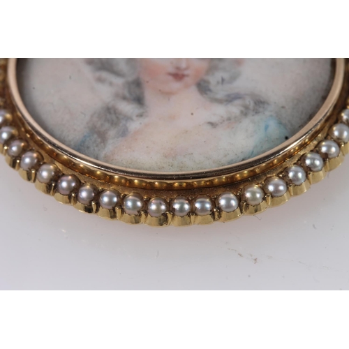 175 - Antique portrait miniature, of an 18th century lady, framed within a seed pearl and yellow metal pen... 