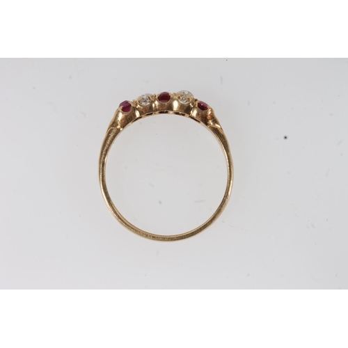 176 - 18ct gold ruby and diamond ring, the three oval cut diamonds separated by round cut diamonds, on scr... 