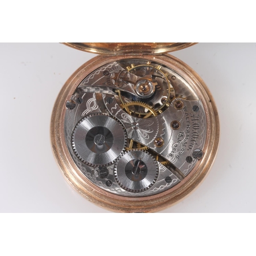 196 - 9ct gold Waltham of USA full hunter pocket watch, the enamel dial with Roman numerals and seconds su... 