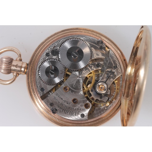 196 - 9ct gold Waltham of USA full hunter pocket watch, the enamel dial with Roman numerals and seconds su... 