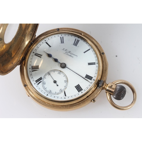 198 - J W Benson 18ct gold half hunter pocket watch, with white dial with Roman numerals and seconds subsi... 