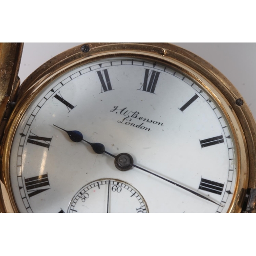 198 - J W Benson 18ct gold half hunter pocket watch, with white dial with Roman numerals and seconds subsi... 