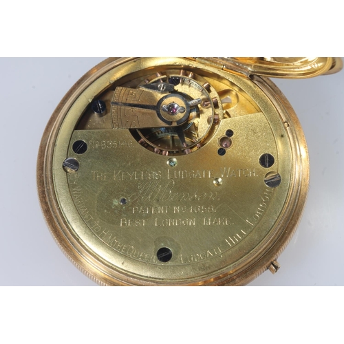 198 - J W Benson 18ct gold half hunter pocket watch, with white dial with Roman numerals and seconds subsi... 