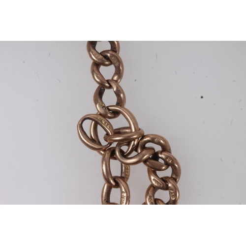 199 - 9ct rose gold curb link double watch guard with each link hallmarked, suspending T-bar and two dog t... 