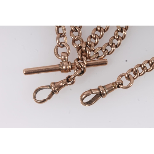 199 - 9ct rose gold curb link double watch guard with each link hallmarked, suspending T-bar and two dog t... 