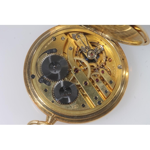 201 - 18ct gold hunter pocket watch, the white dial with Roman numerals and second subsidiary dial surroun... 