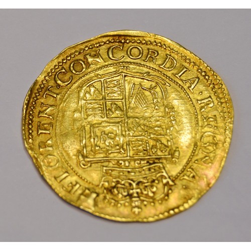 274 - Charles I (1625-1649) twenty shilling hammered gold unite coin, c 1638-39, draped bust with lace col... 