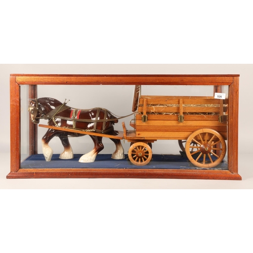 526 - Horse and wagon cart inside glass vitrine display case, 83cm x 32cm x 38cm