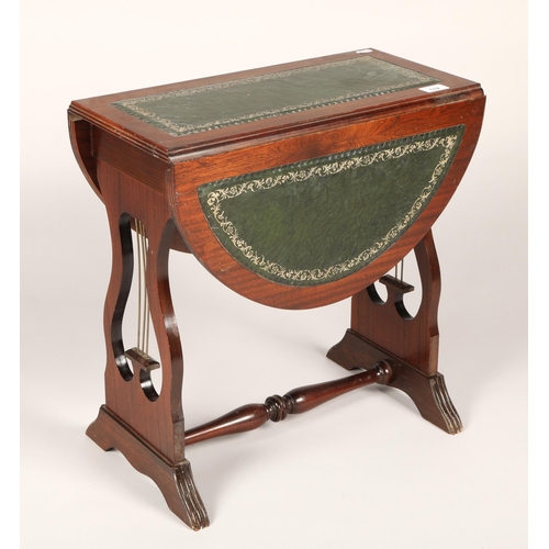 532 - Drop leaf mahogany side table with green leather inlay