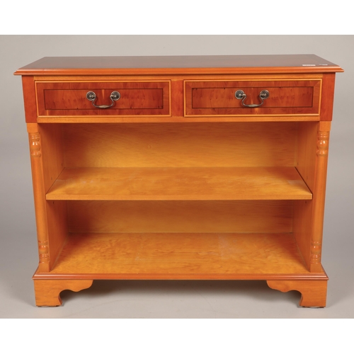 619 - Yew 2 drawer hall table, 100cm l, 36cm w, 83cm d,