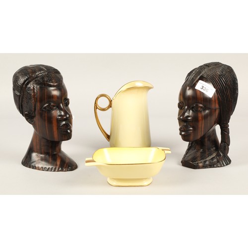 336 - Pair carved African busts with Carlton Ware dish and jug