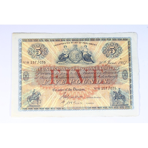 1534 - THE UNION BANK OF SCOTLAND LIMITED, £5 five pound banknote 30th June 1947, H157/035, Morrison ... 